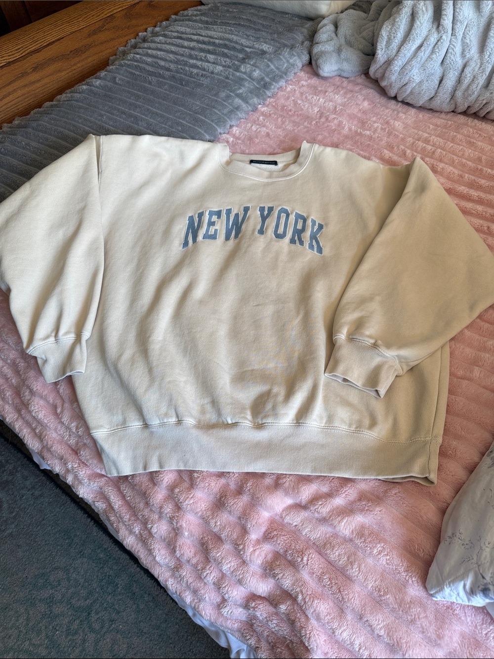Brandy Melville light yellow Crewneck with Light Blue 'NEW YORK' Lettering XL